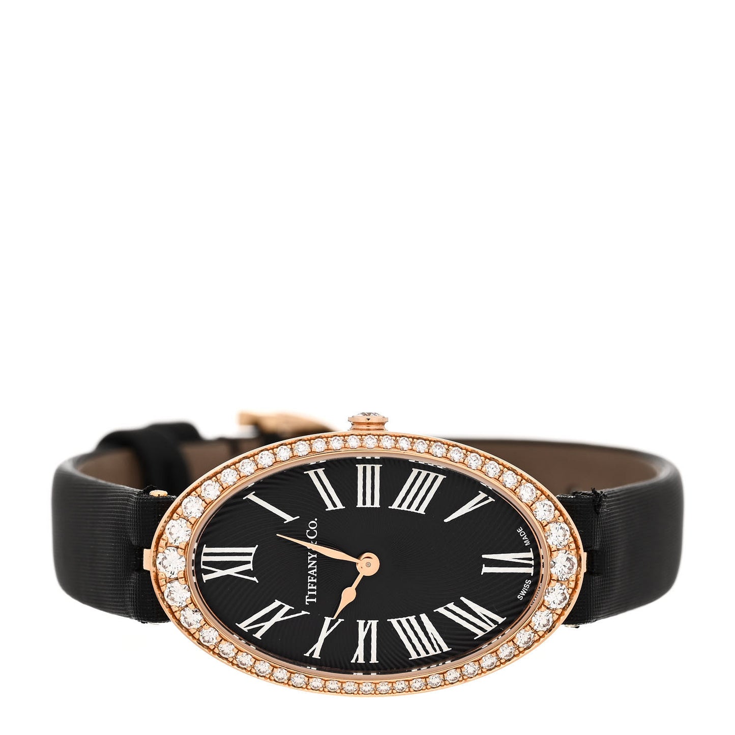 18K Rose Gold Satin Diamond Bezel 21mm 2-Hand Cocktail Quartz Watch Black