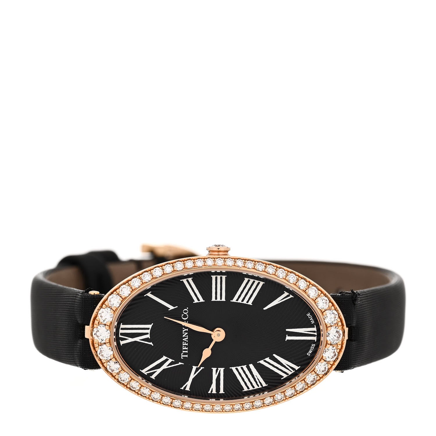 Tiffany 18K Rose Gold Satin Diamond Bezel 21mm 2-Hand Cocktail Quartz Watch Black 2 of 6