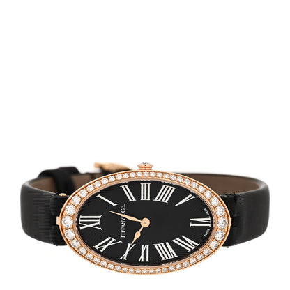 Tiffany 18K Rose Gold Satin Diamond Bezel 21mm 2-Hand Cocktail Quartz Watch Black 2 of 6