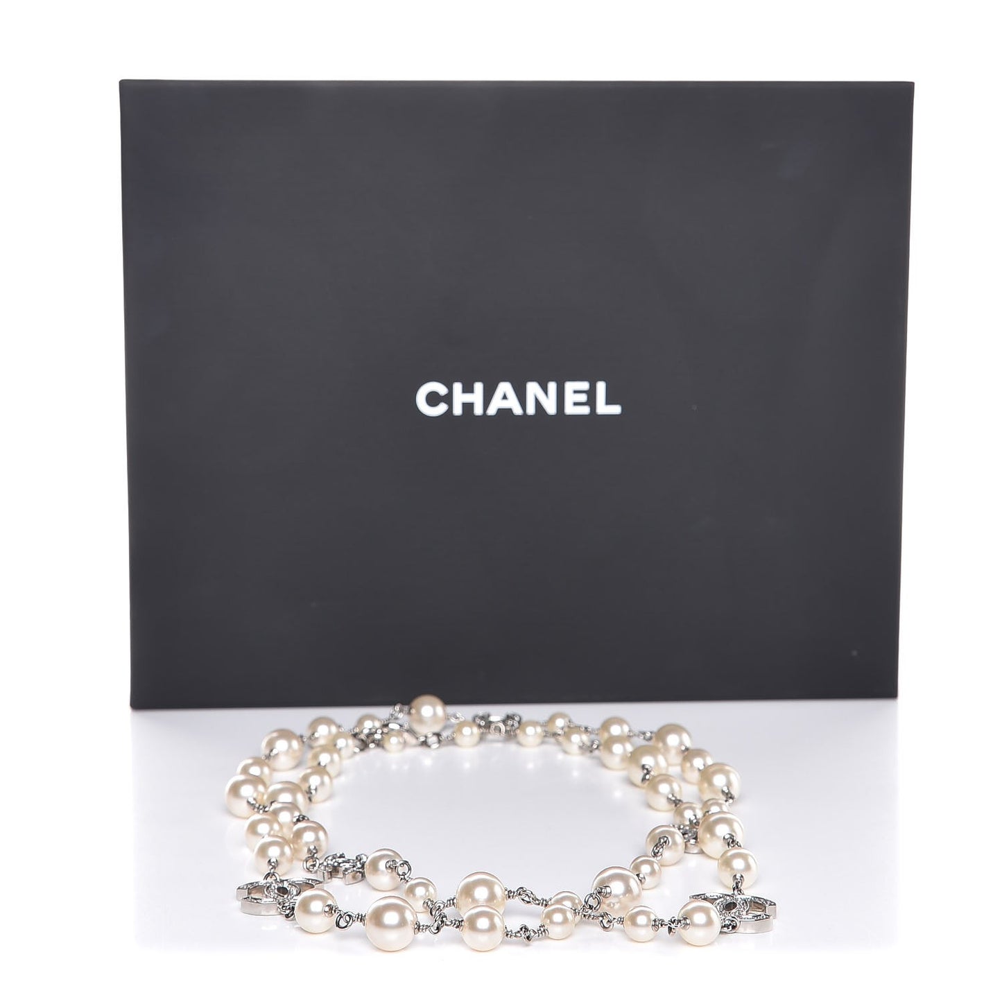Crystal Pearl CC Long Necklace Silver