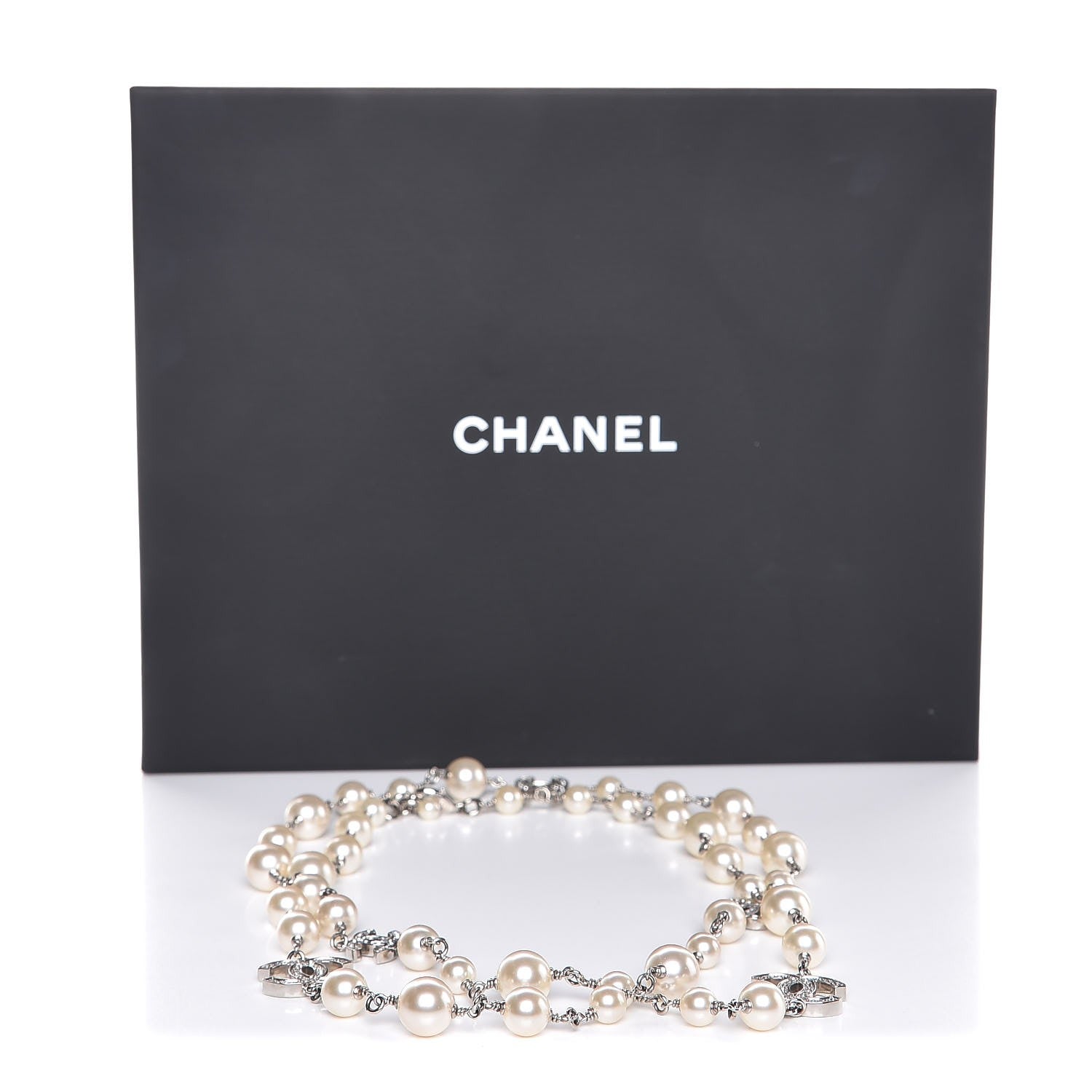 Chanel Crystal Pearl CC Long Necklace Silver 6 of 6
