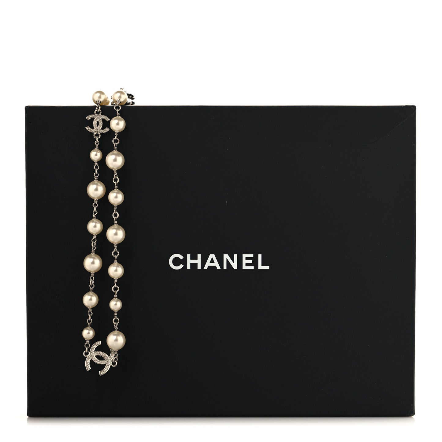 Graduated Pearl Crystal CC Long Necklace Silver