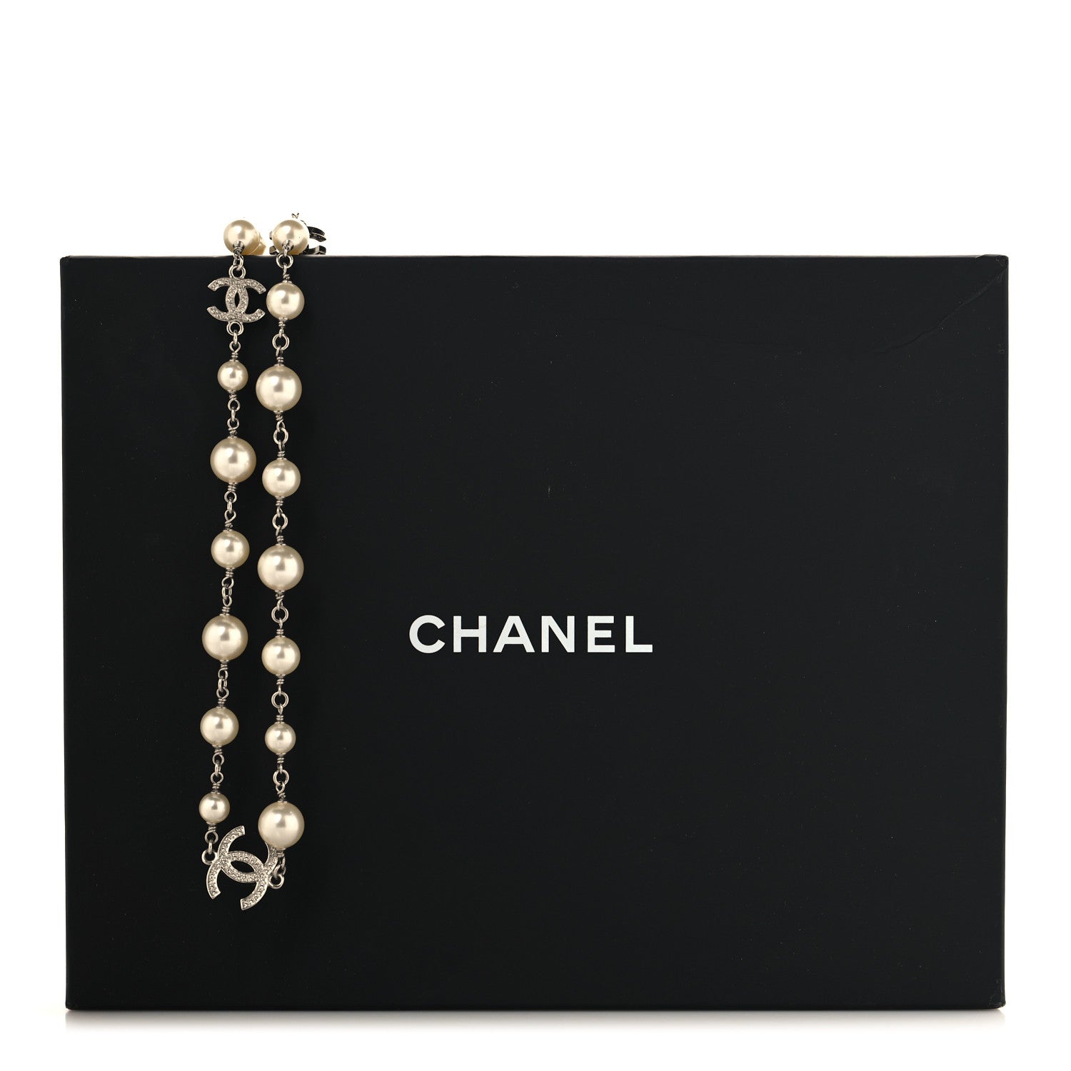 Chanel Graduated Pearl Crystal CC Long Necklace Silver 5 of 5
