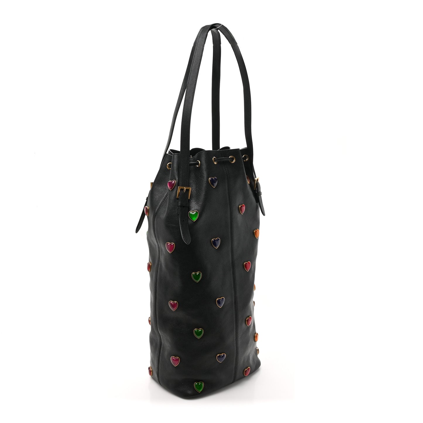 Lambskin Medium Heart Studded Riva Bucket Bag Black