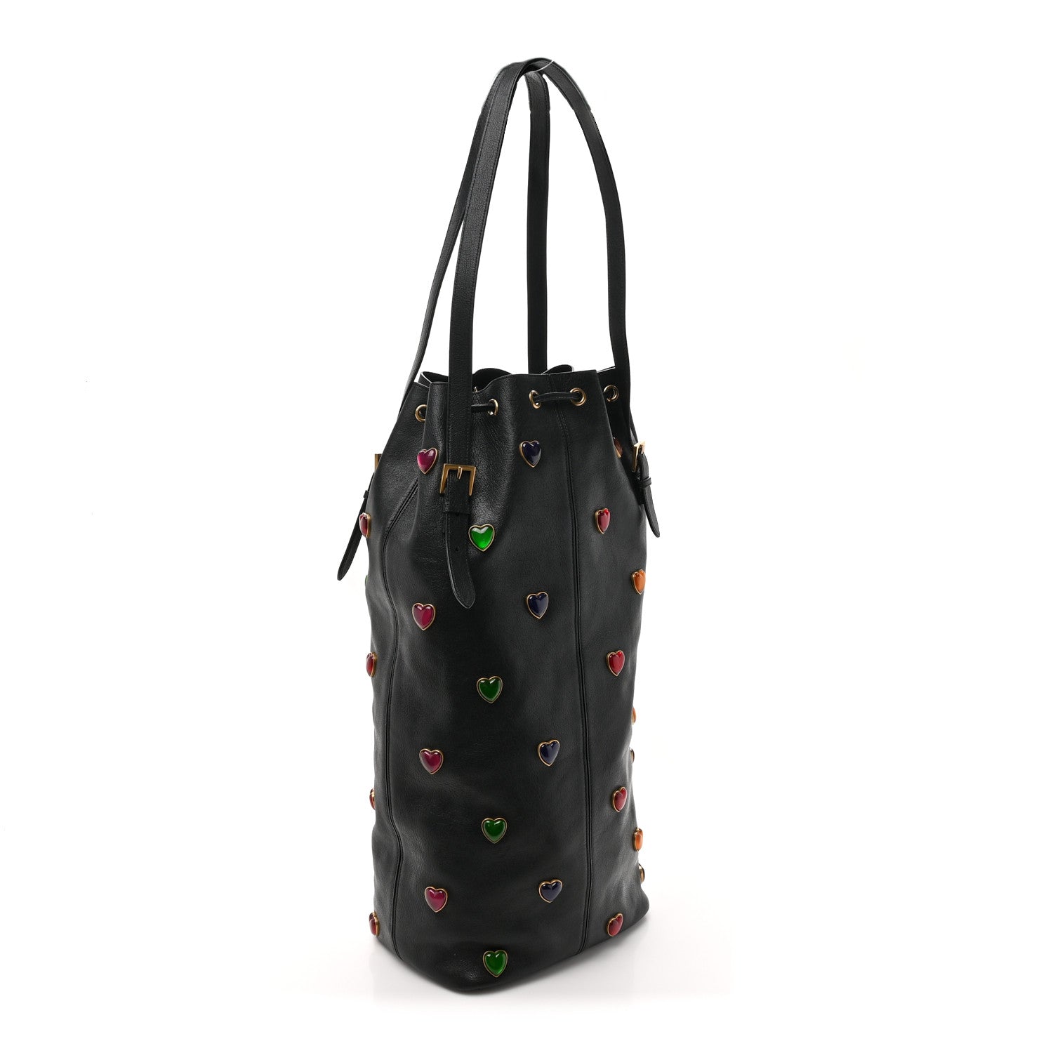 Saint Laurent Lambskin Medium Heart Studded Riva Bucket Bag Black 4 of 12