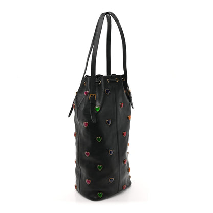 Saint Laurent Lambskin Medium Heart Studded Riva Bucket Bag Black 4 of 12