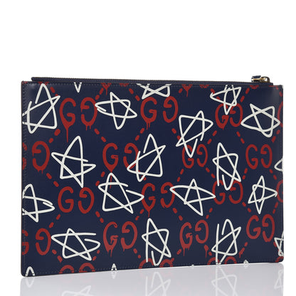 Gucci Calfskin GucciGhost Print Pouch Blue Agata Hibiscus Red 3 of 9