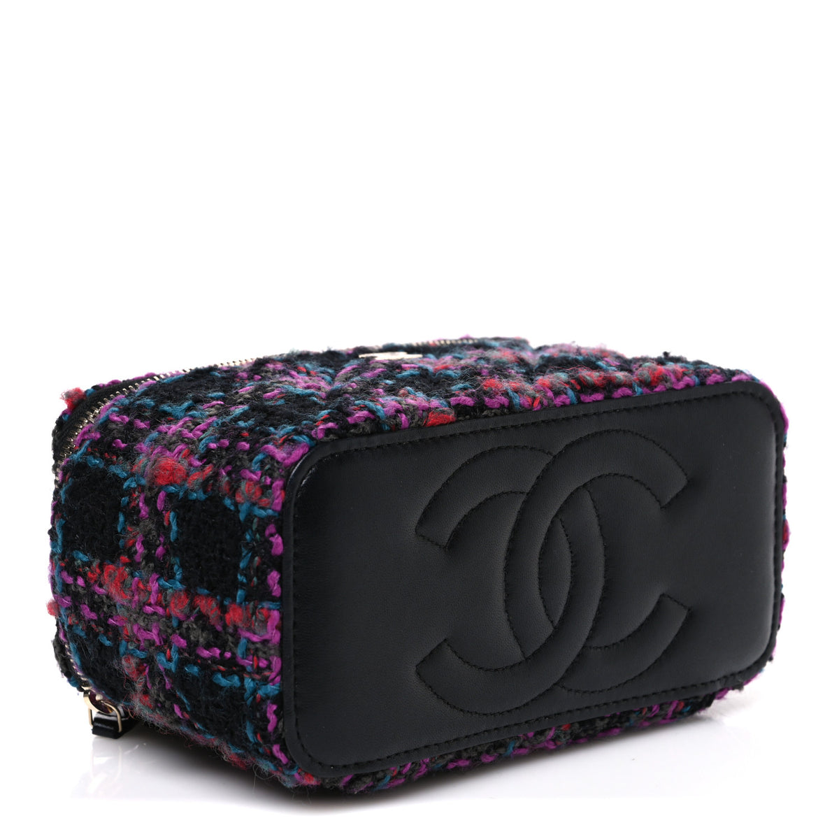 Tweed Quilted Small Vanity Case With Chain Black Purple Green Red