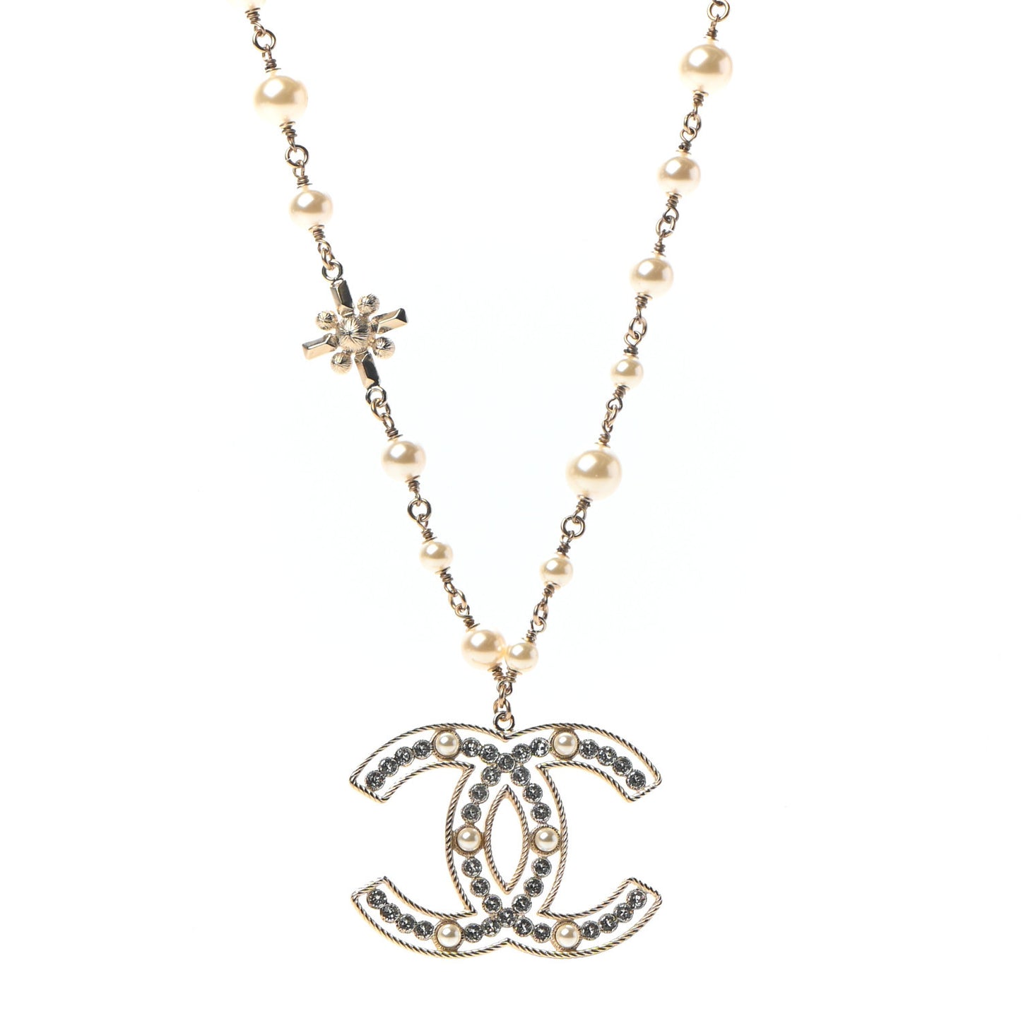 Pearl Crystal Sparkling Pearls CC Necklace Gold