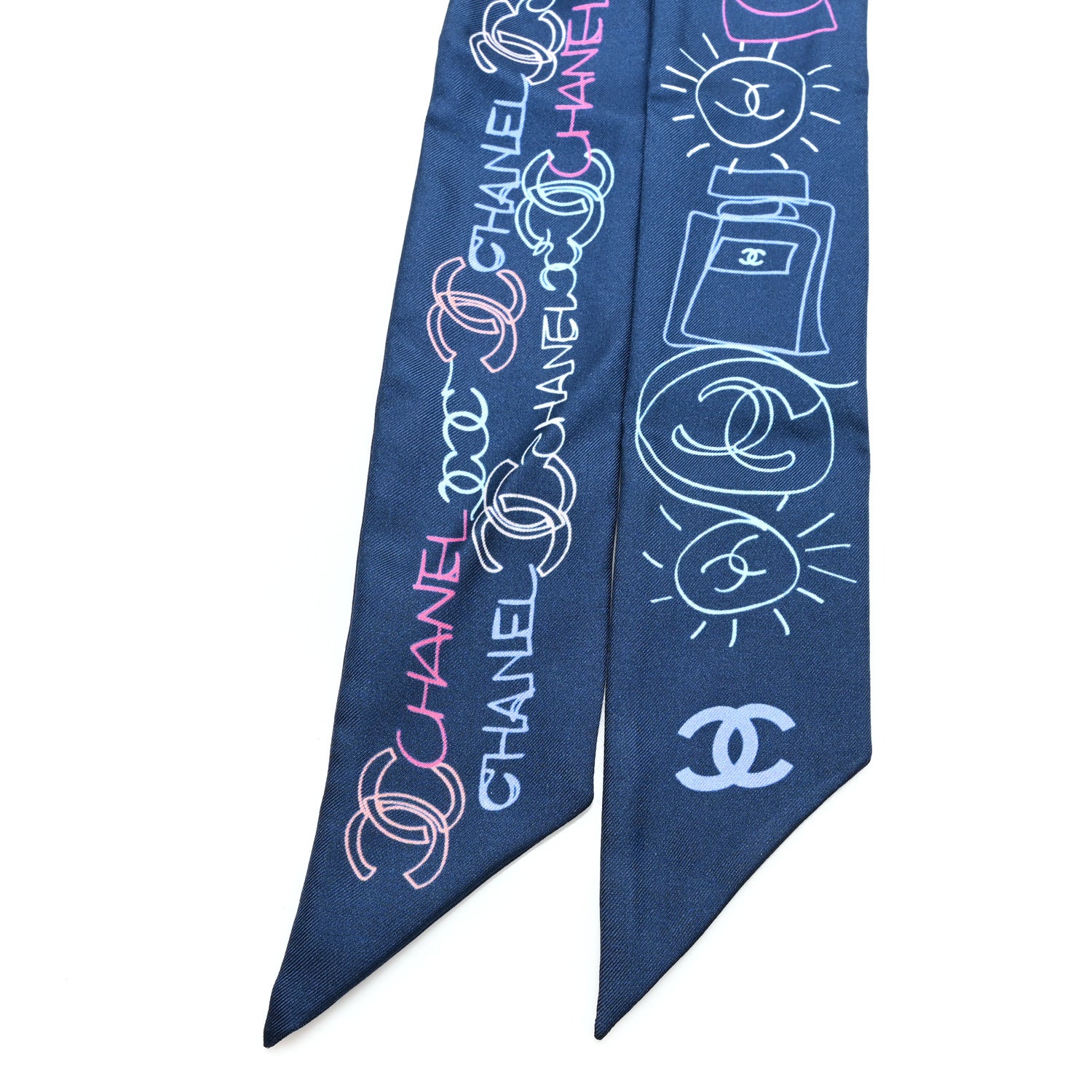 Chanel Silk Twill CC Logo Slim Bandeau Scarf Navy Blue Multicolor