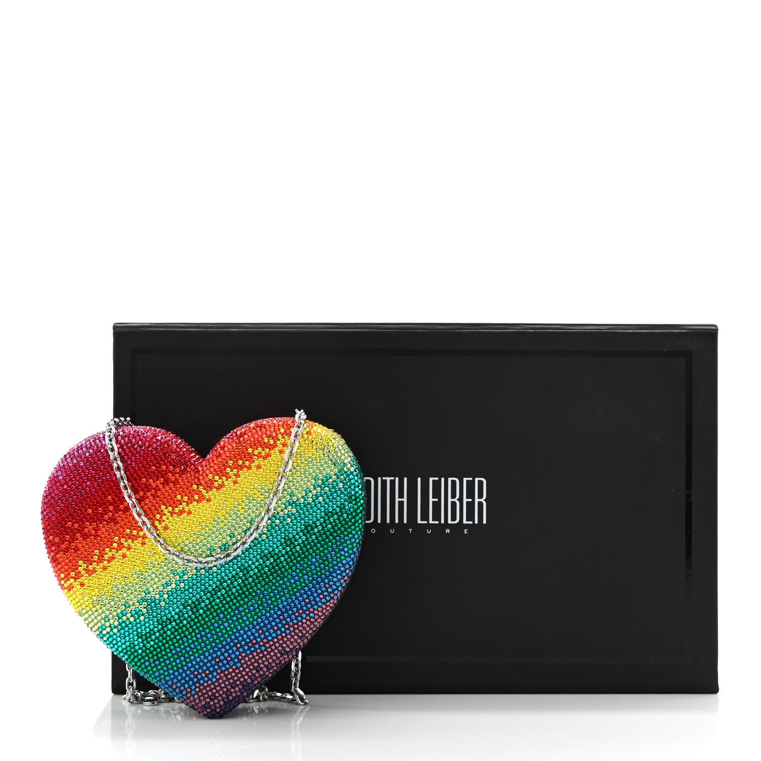 Judith Leiber Crystal Rainbow Heart Minaudiere Clutch Silver