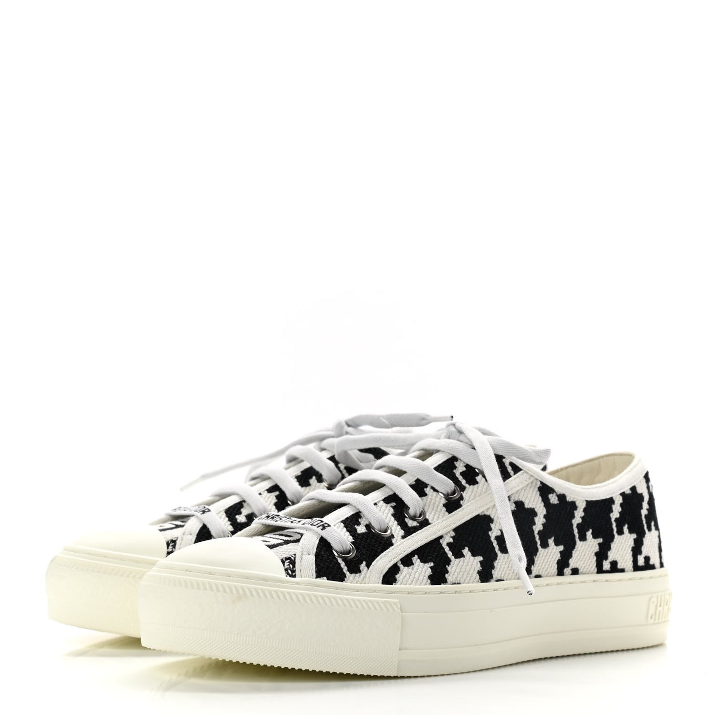 Canvas Macro Houndstooth Embroidered Womens Walk'N'Dior Low Top Sneakers 37.5 White Black