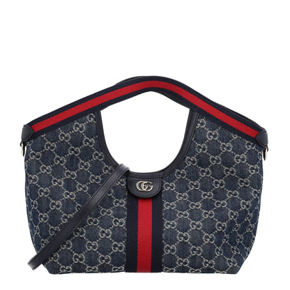 Gucci Denim GG Monogram Web Small Giglio Tote Blue White 1 of 10