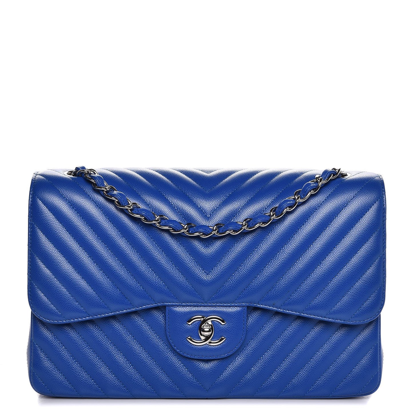 Caviar Chevron Quilted Jumbo Double Flap Bright Blue