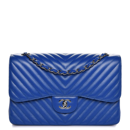 Chanel Caviar Chevron Quilted Jumbo Double Flap Bright Blue 1 of 8