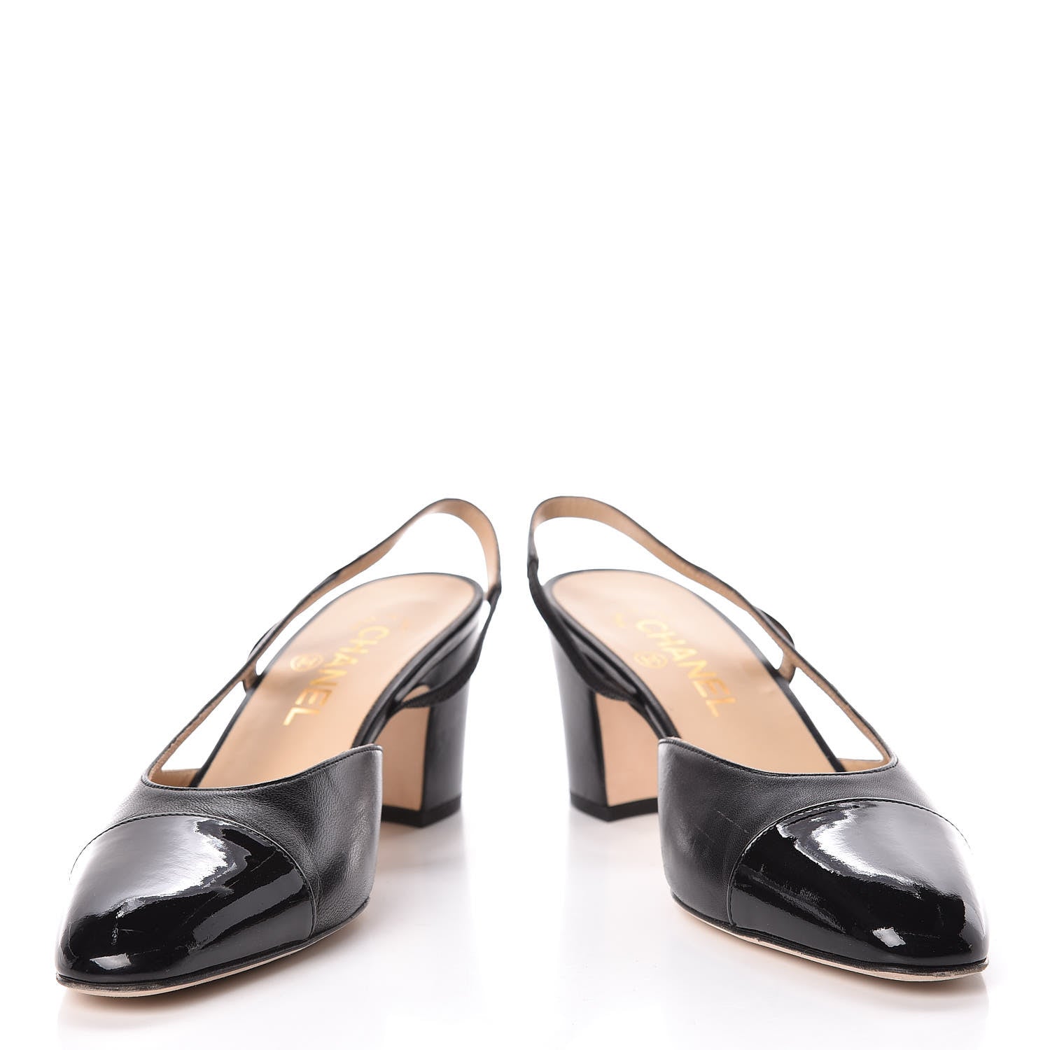 Chanel Lambskin Patent Cap Toe CC Slingback Sandals 38.5 Black 5 of 14