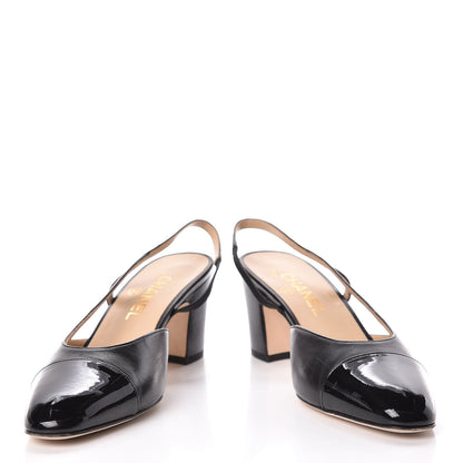 Chanel Lambskin Patent Cap Toe CC Slingback Sandals 38.5 Black 5 of 14