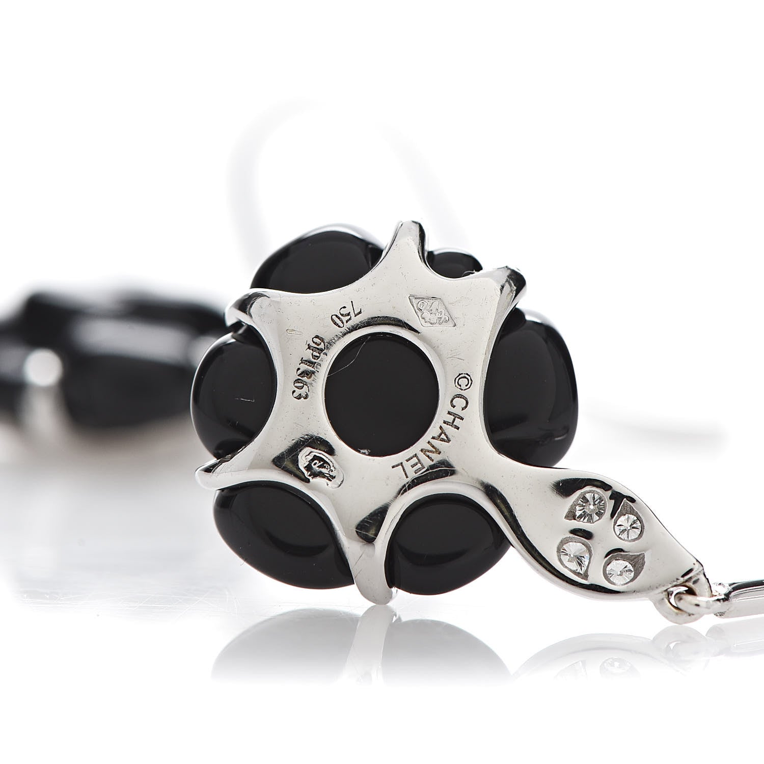 Chanel 18K White Gold Diamond Black Onyx Camelia Sculpte Drop Earrings 4 of 4