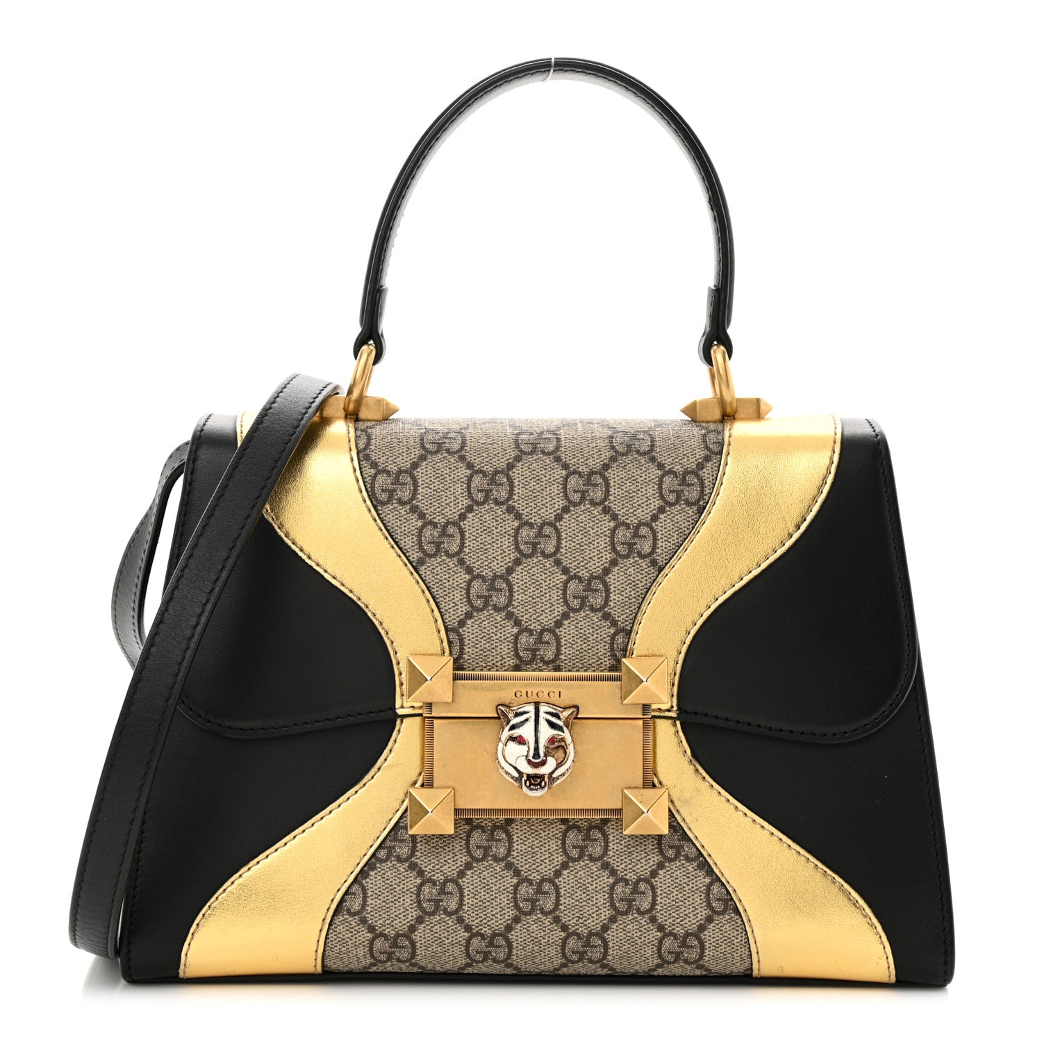 Gucci GG Supreme Monogram Small Osiride Top Handle Bag Black Gold 1 of 12