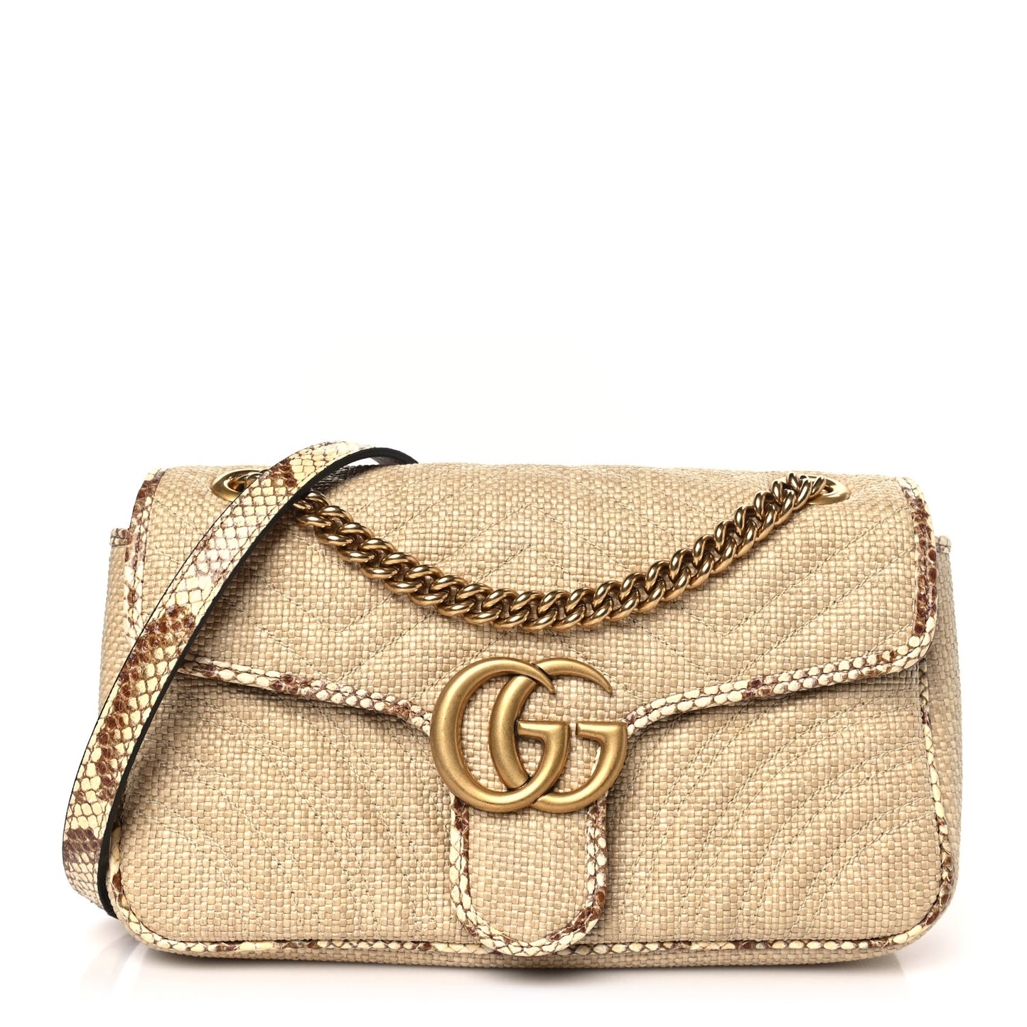 Raffia Elaphe Matelasse Small GG Marmont Shoulder Bag Natural Cream Brown