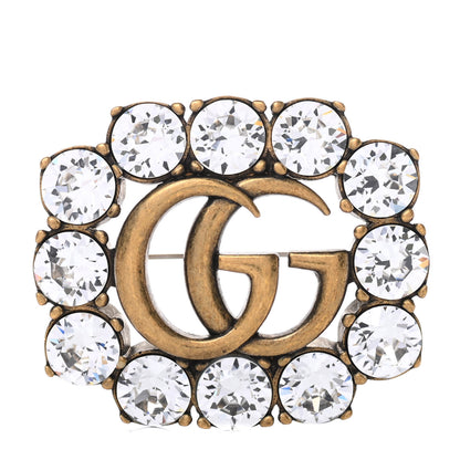 Gucci Metal Crystal Double G Brooch Aged Gold 1 of 4