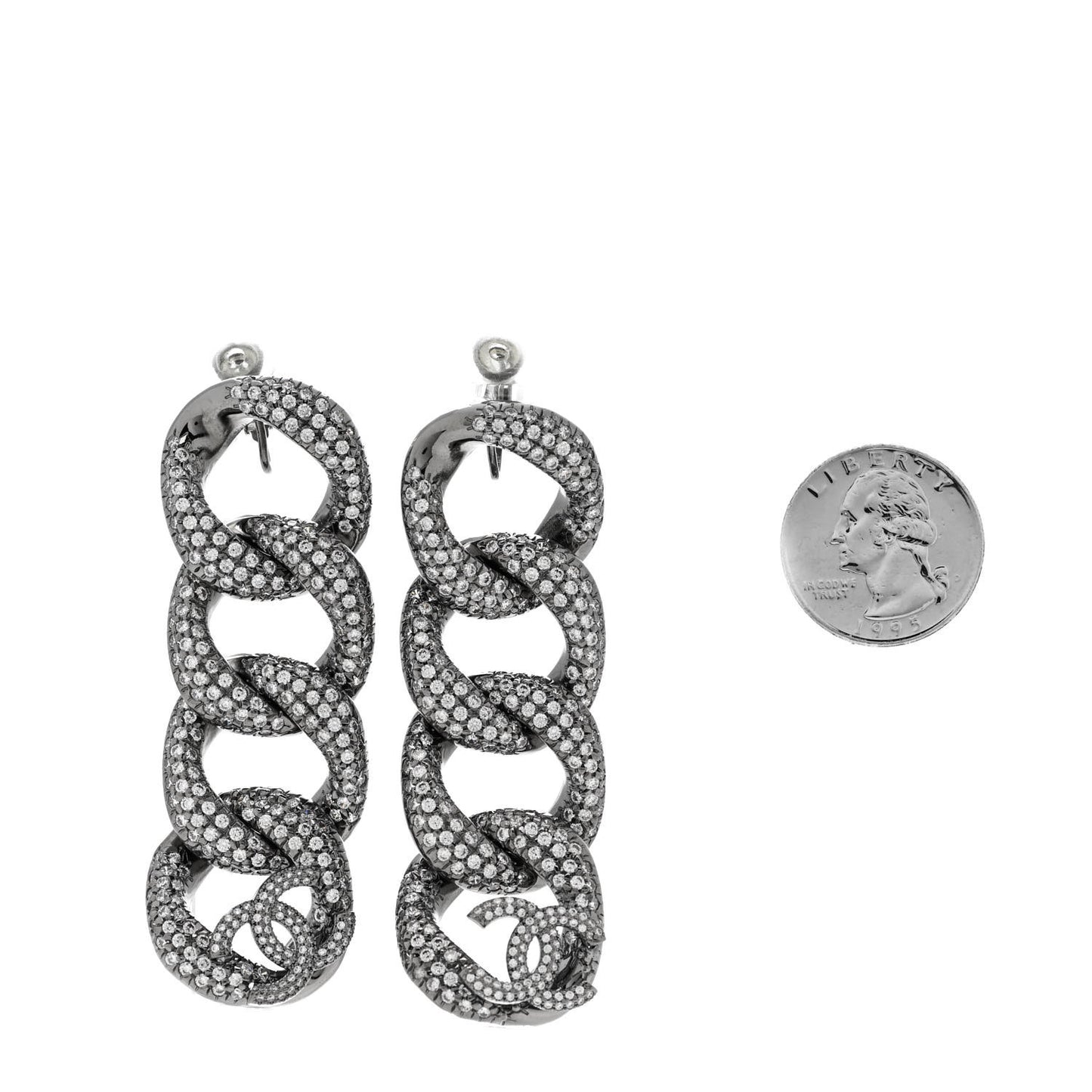 Crystal Chain Link CC Drop Clip On Earrings Black
