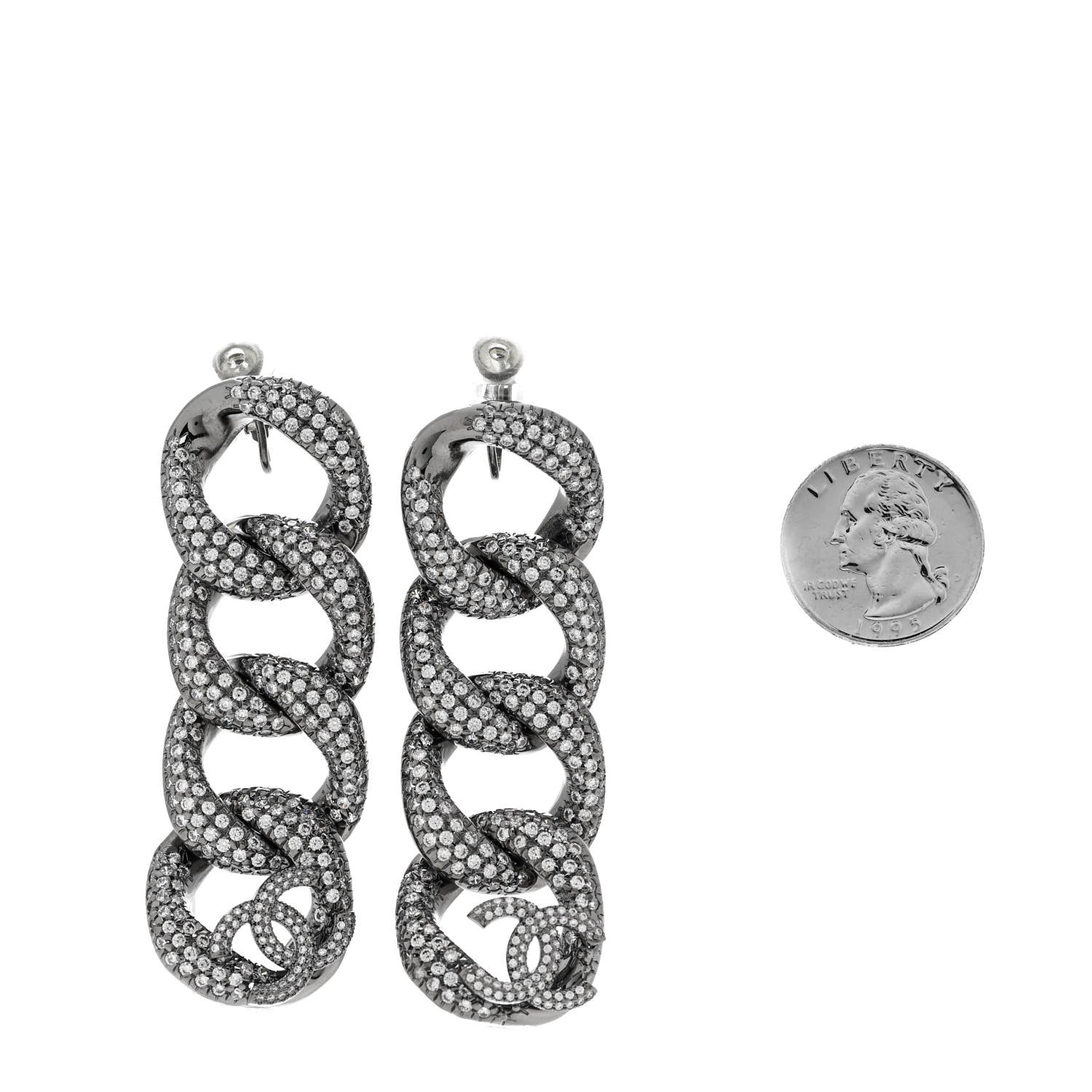 Chanel Crystal Chain Link CC Drop Clip On Earrings Black 2 of 4