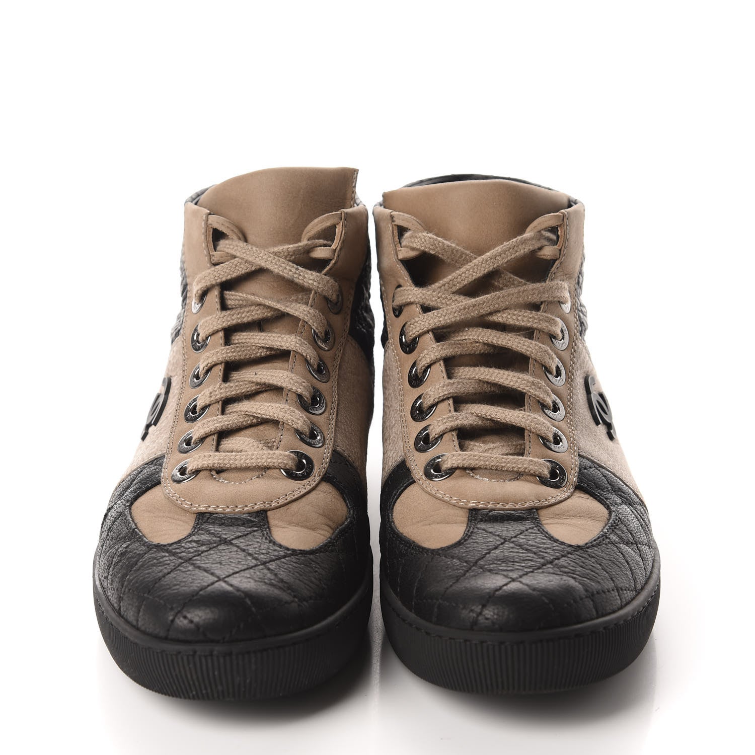 Chanel Washed Lambskin Quilted Lace Up CC Sneakers 39.5 Black Beige 2 of 10