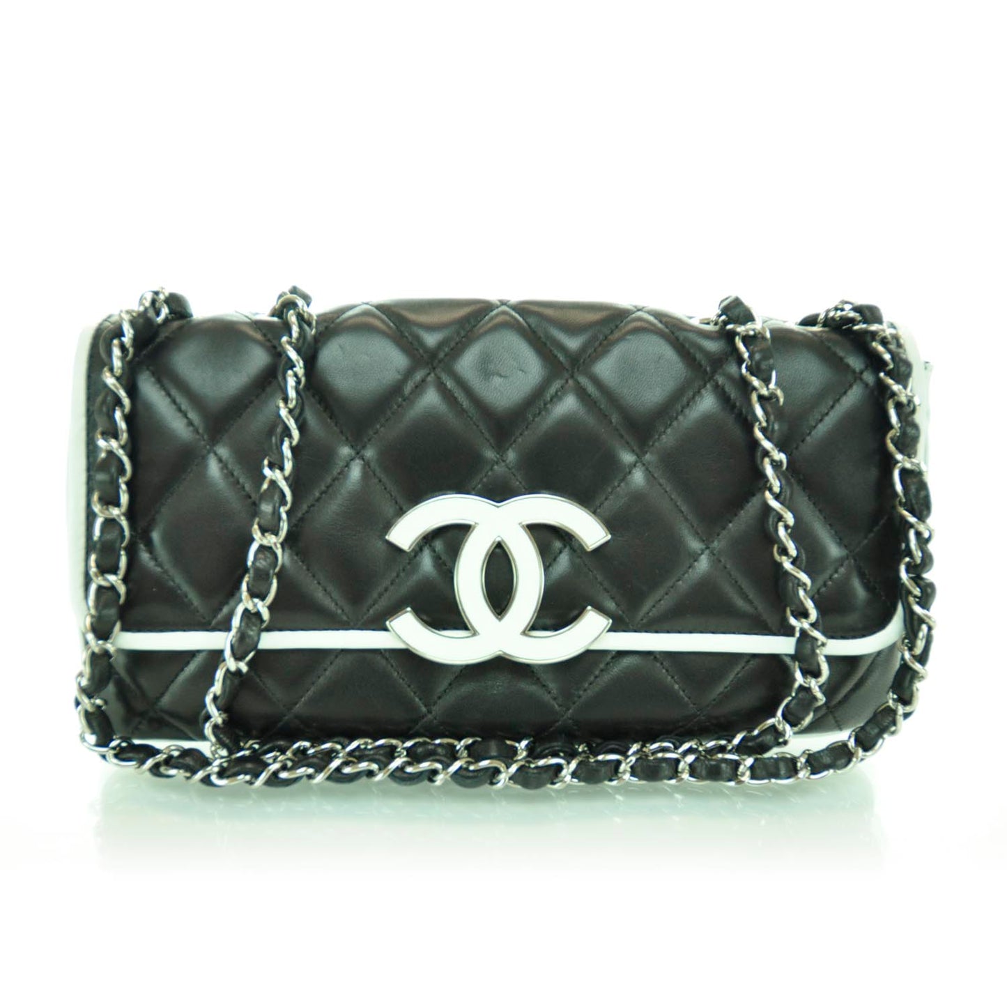 Lambskin Quilted Flap Black White
