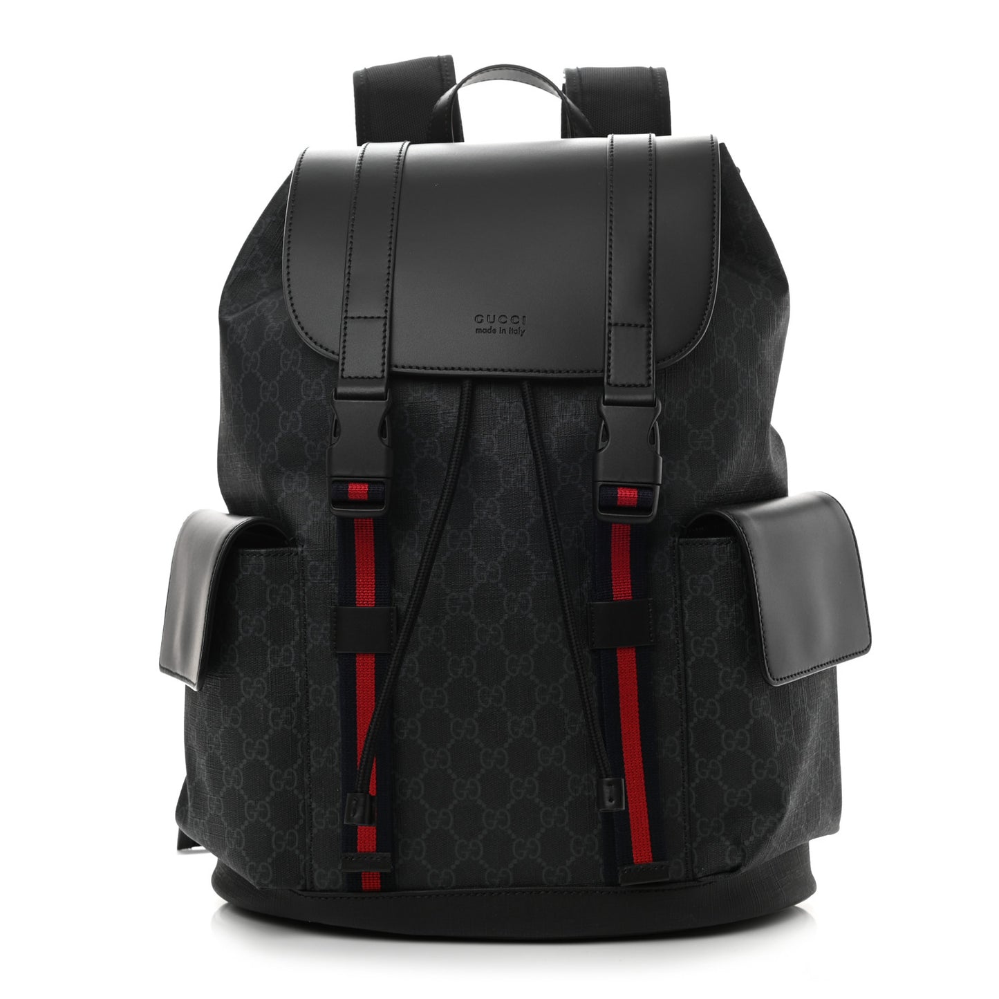 Soft GG Supreme Monogram Appia Calfskin Web Double Buckle Backpack Black