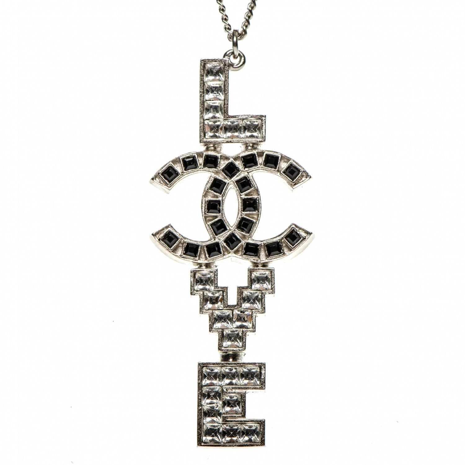 Chanel Crystal Love CC Pendant Necklace Silver Black 3 of 5