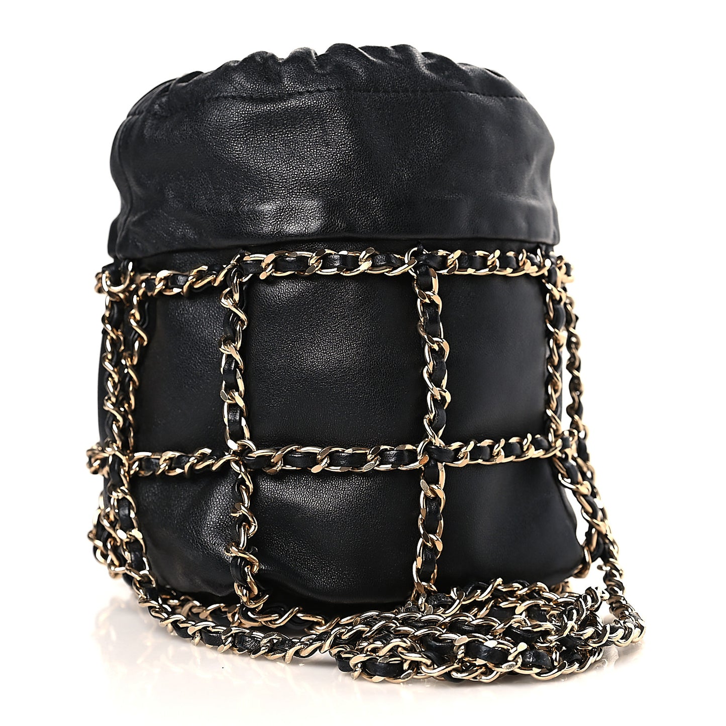 Lambskin Bucket Chain Drawstring Bag Black