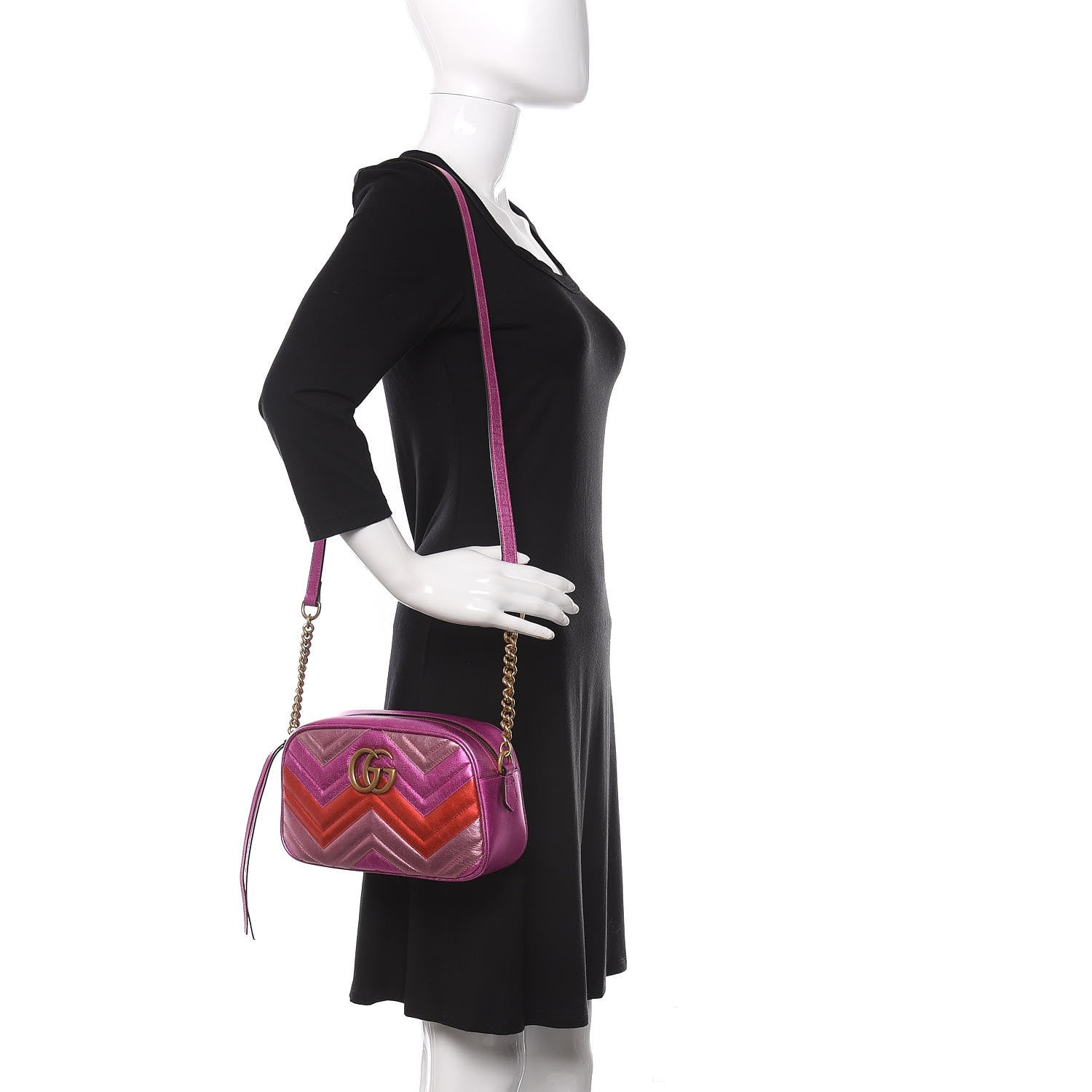 Gucci Laminated Nappa Matelasse Small GG Marmont Chain Shoulder Bag Fuxia Rosso Rosa 2 of 10