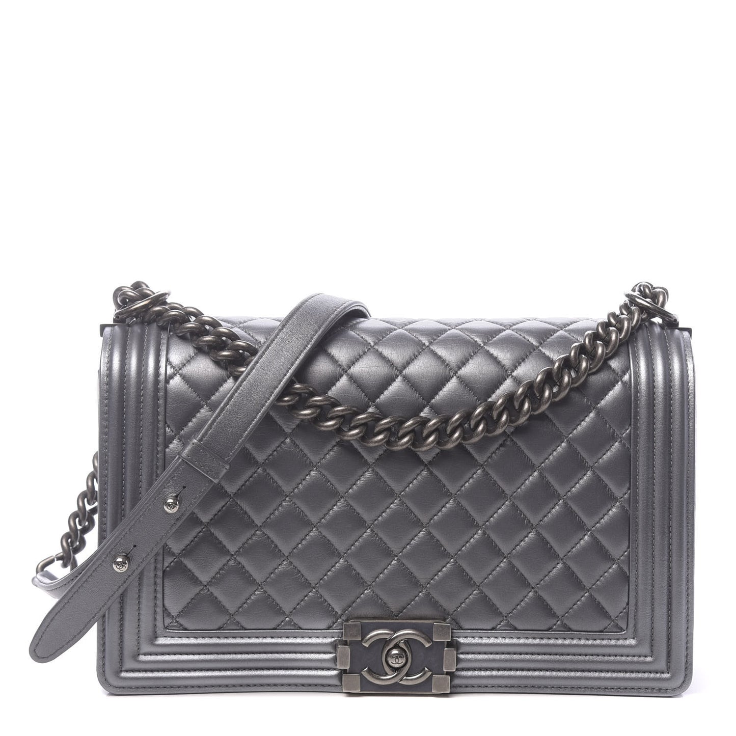 Metallic Calfskin Quilted New Medium Boy Flap Dark Silver