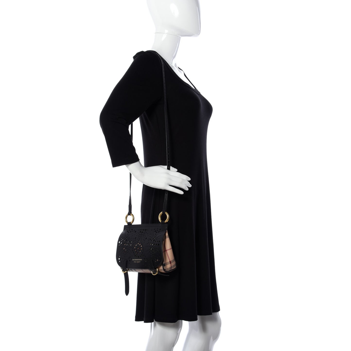 Perforated Calfskin Haymarket Check Baby Bridle Crossbody Black