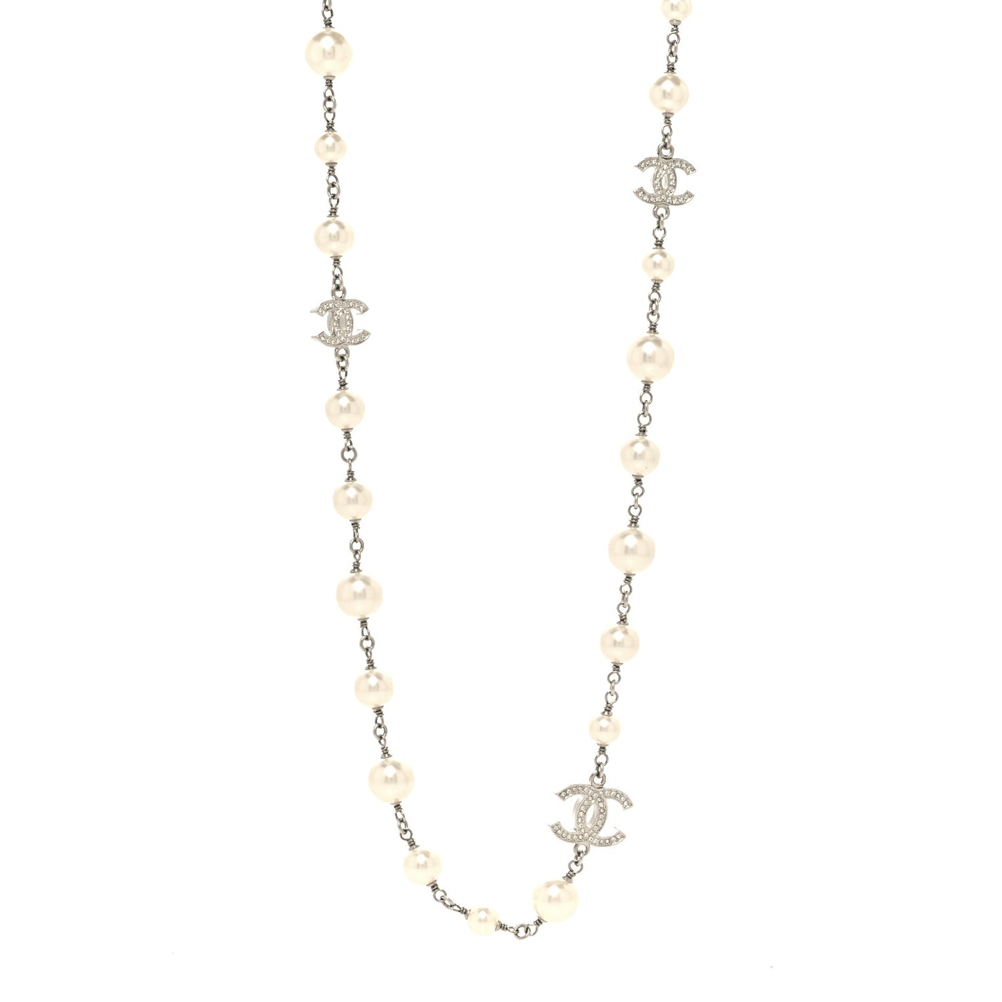 Graduated Pearl Crystal CC Long Necklace Silver