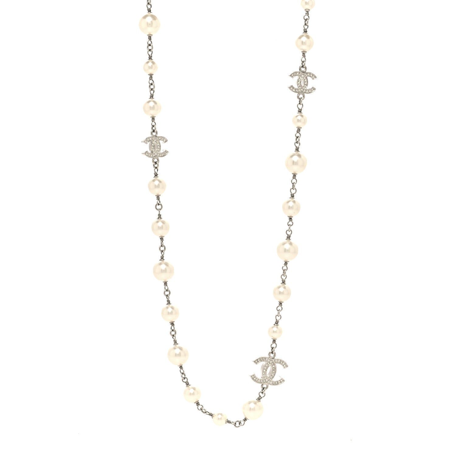 Chanel Graduated Pearl Crystal CC Long Necklace Silver 2 of 5