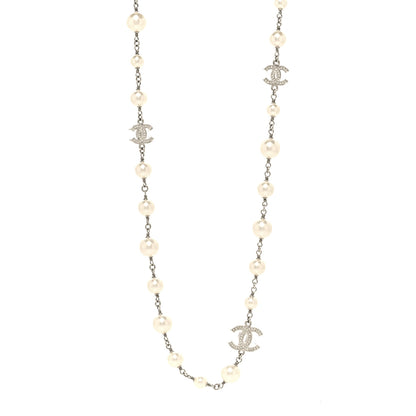 Chanel Graduated Pearl Crystal CC Long Necklace Silver 2 of 5