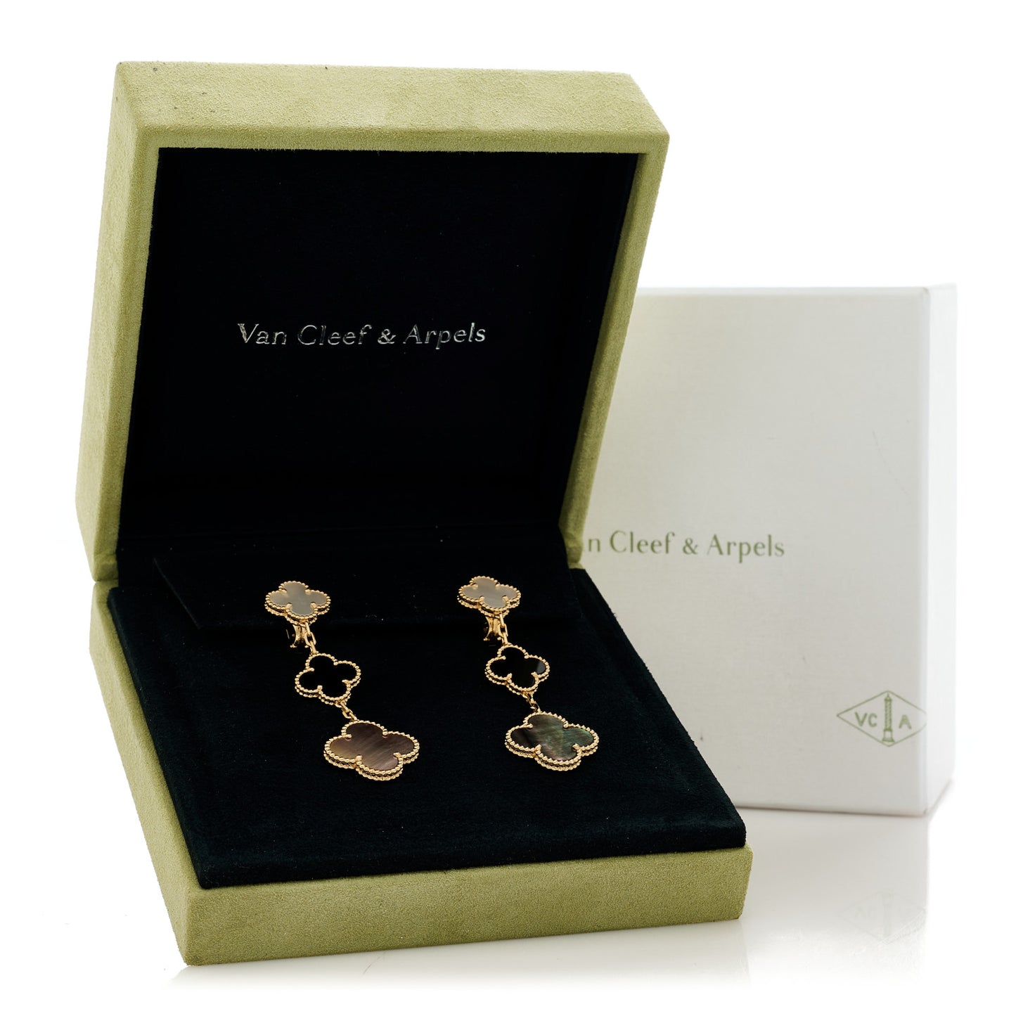 18K Yellow Gold Mother of Pearl Black Onyx 3 Motifs Magic Alhambra Earrings
