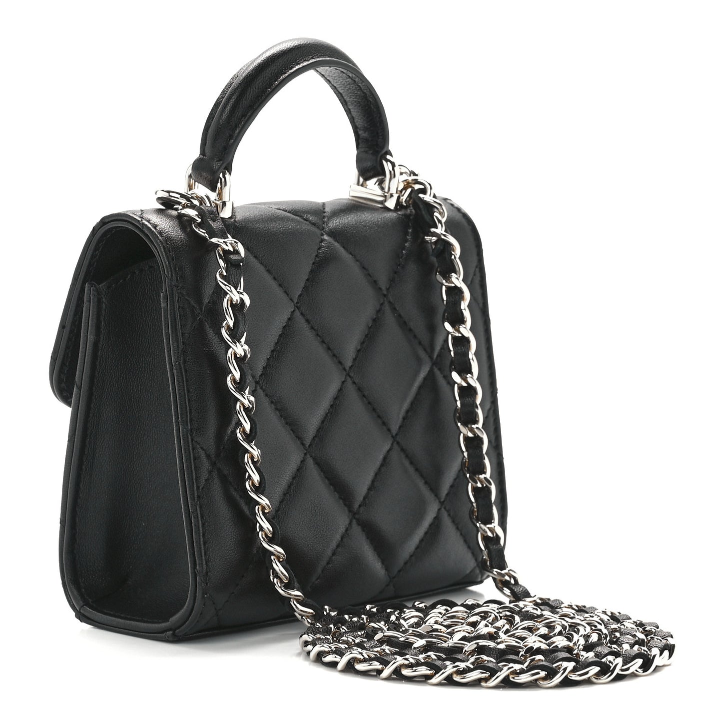 Lambskin Quilted Top Handle Flap Clutch With Chain Black