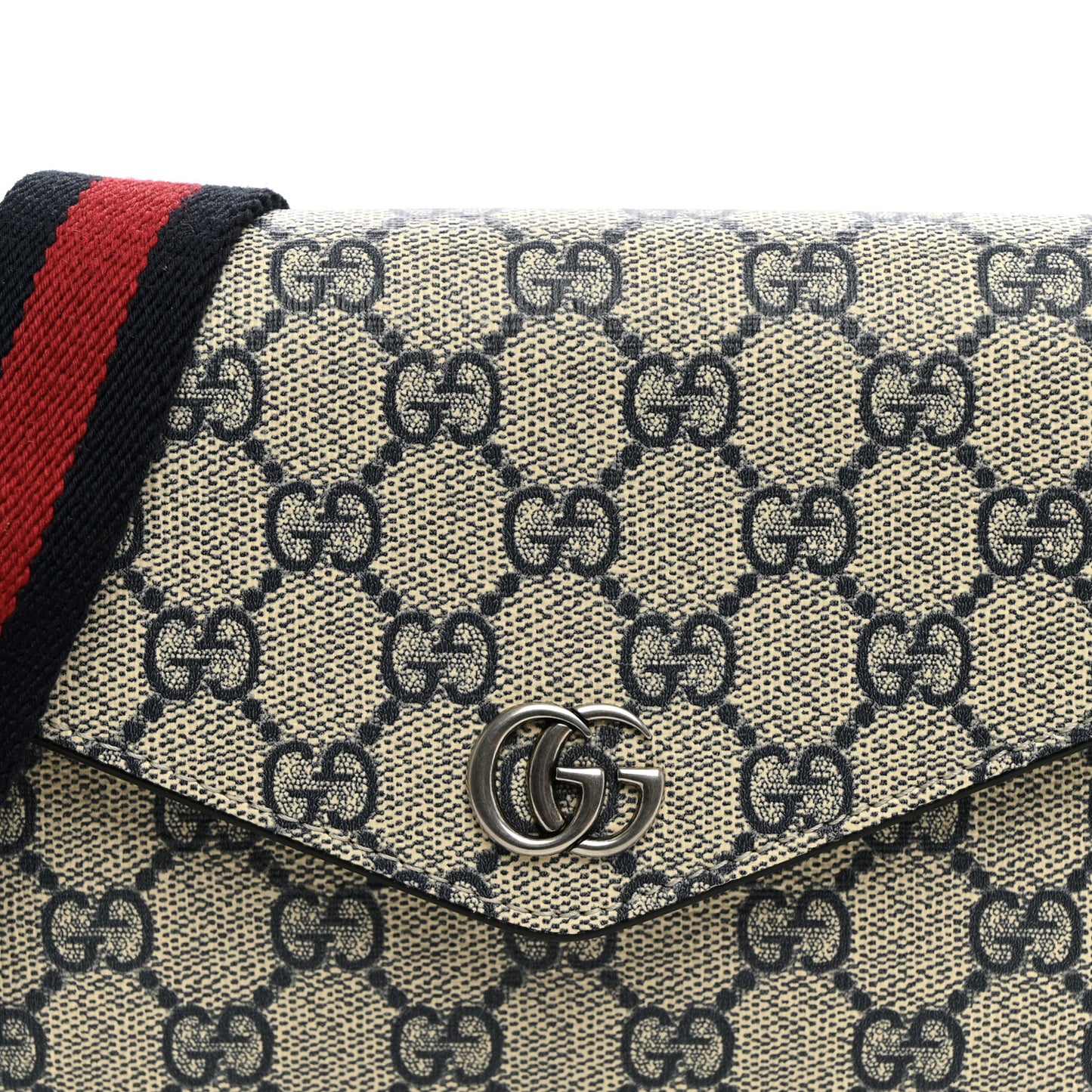 GG Supreme Monogram Textured Dollar Calfskin Web Mini Ophidia Envelope Shoulder Bag Beige Blue