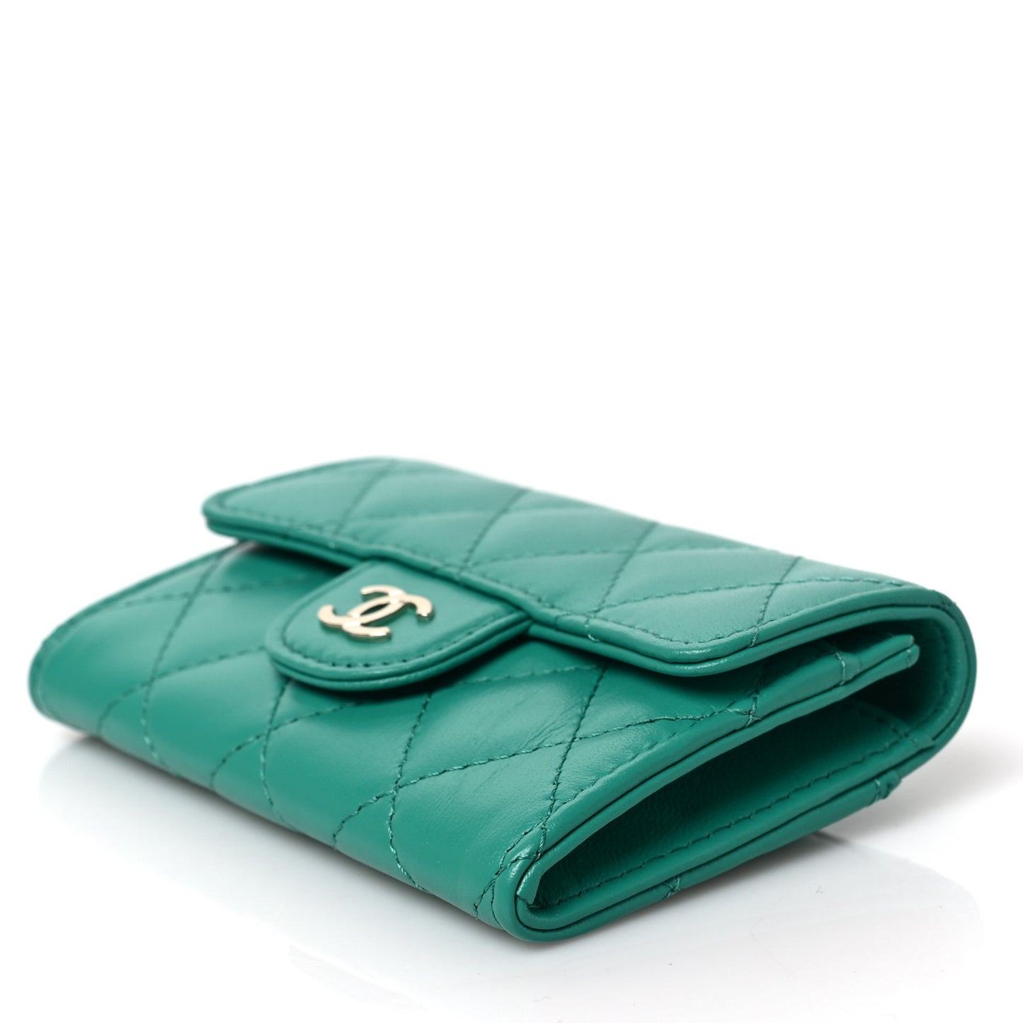 Lambskin Quilted Flap Card Holder Wallet Green