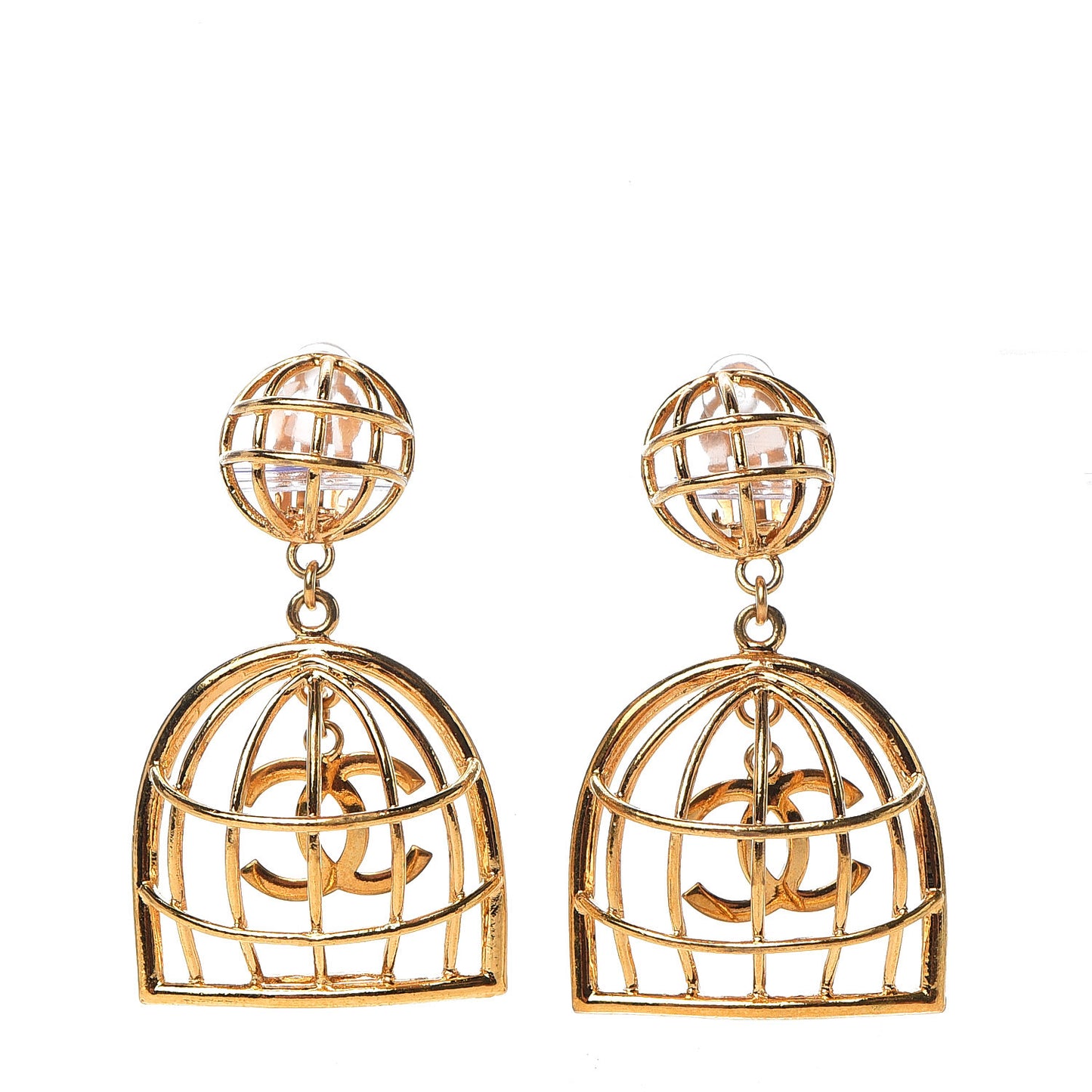 CC Bird Cage Drop Clip On Earrings Gold
