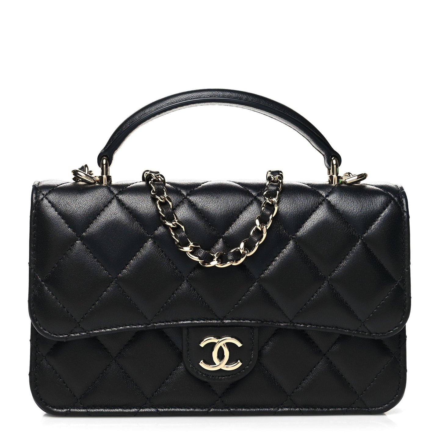 Lambskin Quilted Flap Phone Holder With Chain Black