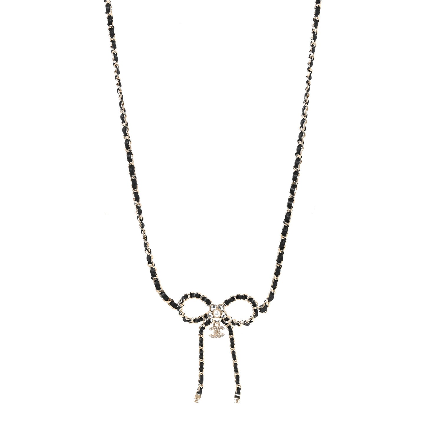Metal Lambskin Crystal Pearl Bow Chain Belt Black Gold