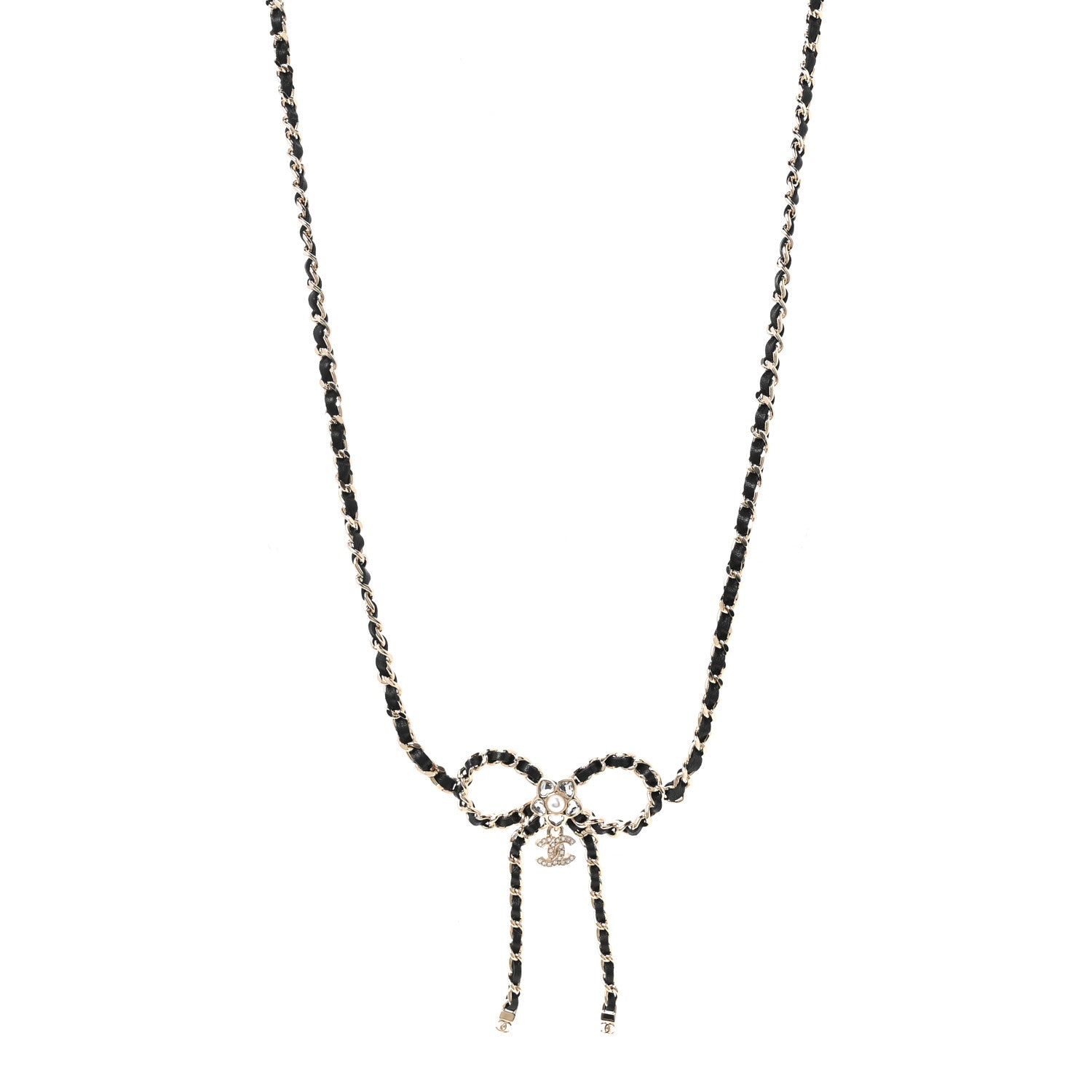 Chanel Metal Lambskin Crystal Pearl Bow Chain Belt Black Gold 1 of 5