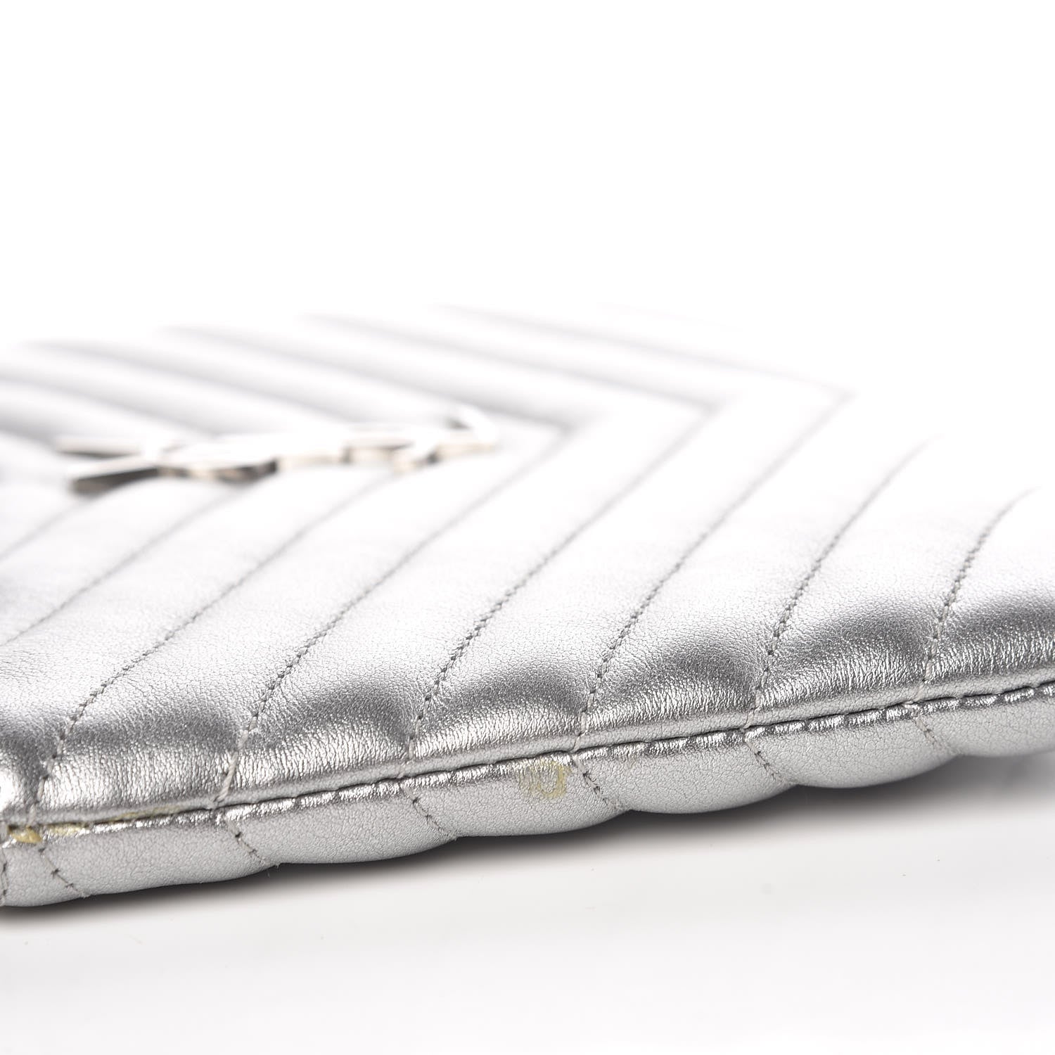 Saint Laurent Metallic Calfskin Matelasse Chevron Monogram Pouch Silver 14 of 16