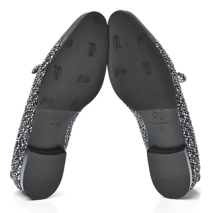 Chanel Tweed Lambskin Cap Toe Chain Moccasin Loafers 37 Dark Grey Blue White 7 of 7