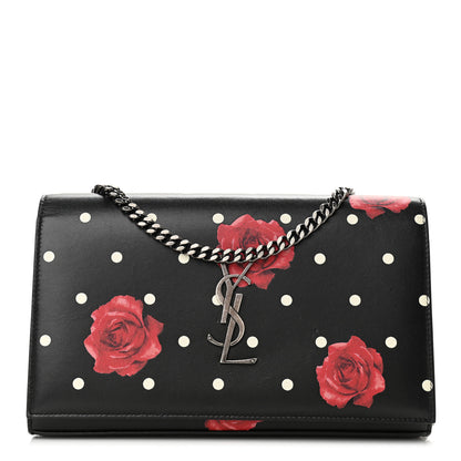 Saint Laurent Calfskin Polka Dot Floral Print Monogram Chain Wallet Black 1 of 9
