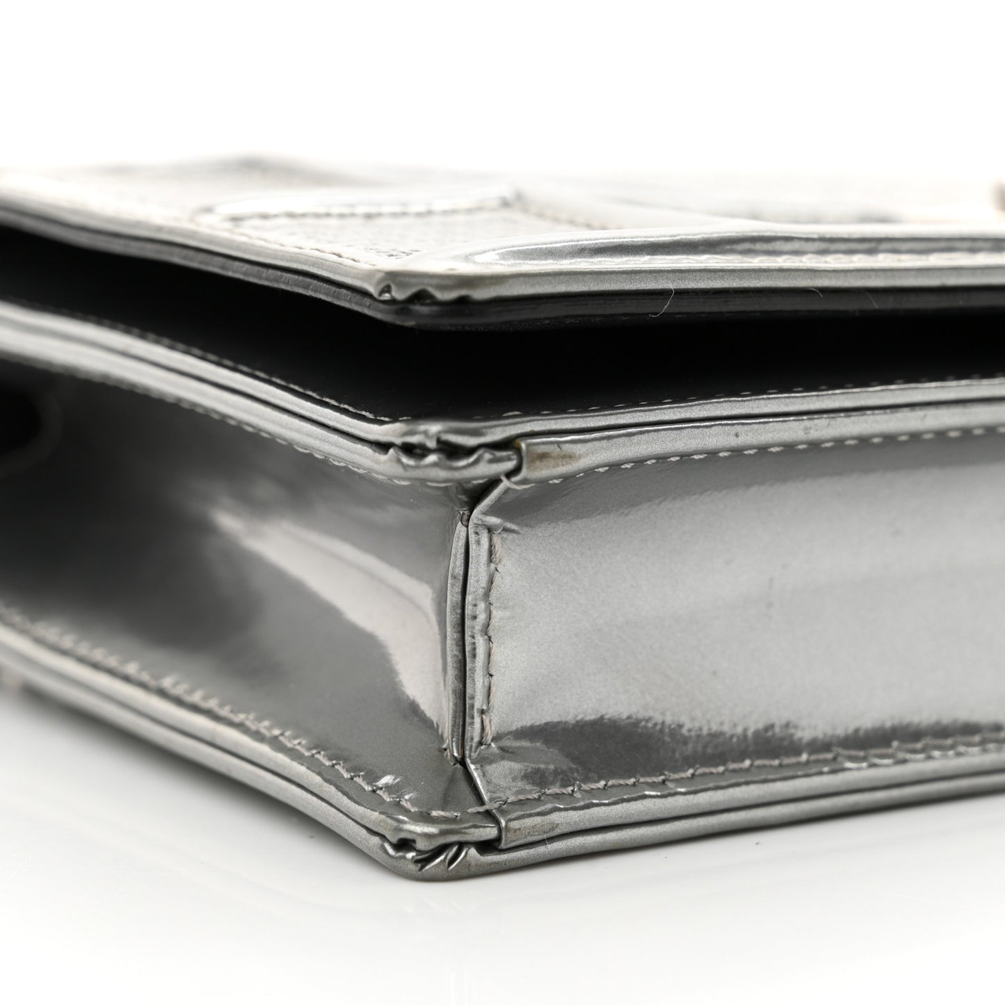Metallic Patent Micro-Cannage Diorama Wallet on Chain Pouch Silver